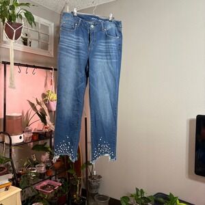 INC Straight Leg Jeans Women's Medium Wash Embellished Frayed Hem Denim